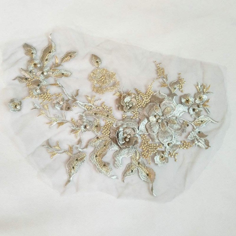 FEEPOP 3D Embroidered Patches Nail Bead Tulle Applique Flower Patch for Clothing Wedding Dress Lace C Fabric DIY Decoration (Gray) - Image 3